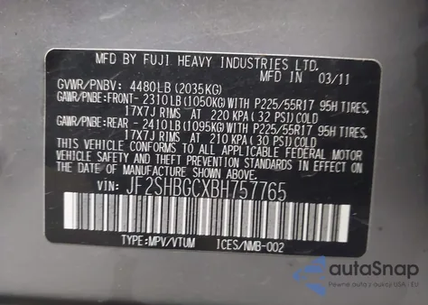 2011 Subaru Forester 2.5X Touring z USA, uszkodzony, nr VIN JF2SHBGCXBH757765